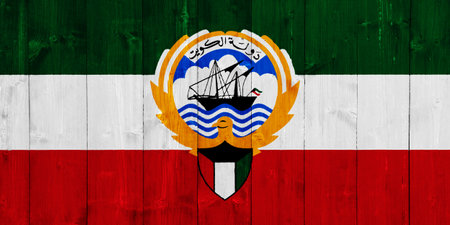 Flag and coat of arms of State of Kuwait on a textured background. Concept collage.の写真素材