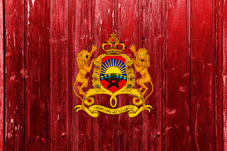 Flag and coat of arms of Kingdom of Morocco on a textured background. Concept collage.の写真素材