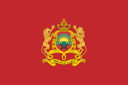 The official current flag and coat of arms of Kingdom of Morocco. State flag of Morocco. Illustration.の写真素材
