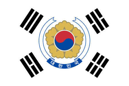 The official current flag and coat of arms of the Republic of Korea. State flag of SOUTH KOREA. Illustration.の写真素材
