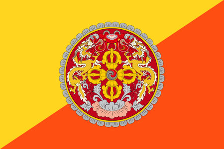 The official current flag and coat of arms of Kingdom of Bhutan. State flag of Bhutan. Illustration.の写真素材
