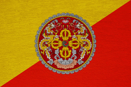 Flag and coat of arms of Kingdom of Bhutan on a textured background. Concept collage.の写真素材