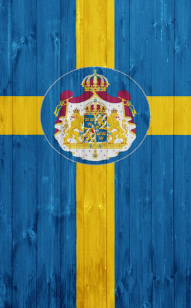 Flag and coat of arms of the Kingdom of Sweden on a textured background. Concept collage.の写真素材