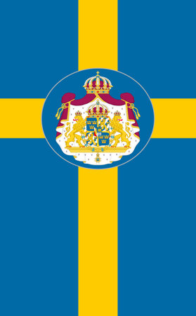 The official current flag and coat of arms of the Kingdom of Sweden. State flag of Sweden. Illustration.の写真素材