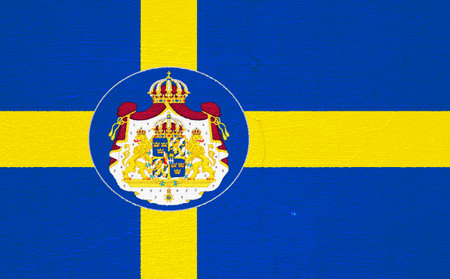 Flag and coat of arms of the Kingdom of Sweden on a textured background. Concept collage.の写真素材