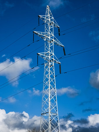 High voltage towers on skies background. Transmission line tower.
