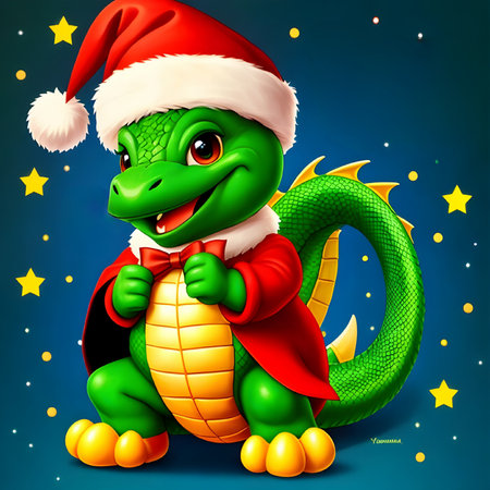 Generative AI fantasies on the theme of the Chinese calendar. Dragon symbol of 2024 in a Santa Claus hat.の素材