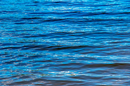 Water ripple texture background. Wavy water surface during sunset, golden light reflecting in the water.の写真素材