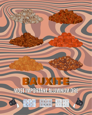 Set of illustrations of the most important aluminum ore is bauxite. Mineral texture of ore and aluminum ingots.の写真素材