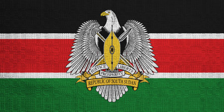 Flag and coat of arms of the Republic of South Sudan on a textured background. Concept collage.の写真素材