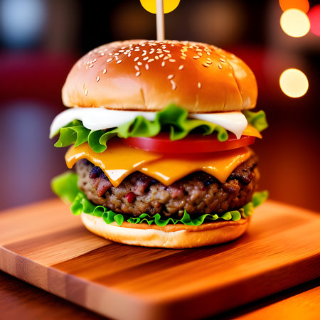 Delicious burger with melted cheese and a thick juicy minced beef patty, garnished with lettuce and tomatoes on a sesame seed bun. The image was created using generative AI.の素材