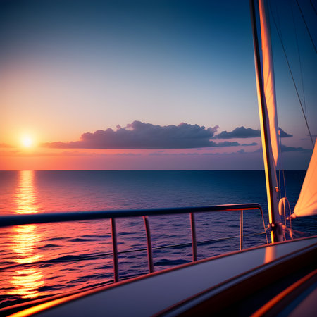 Yacht sailing against sunset. Holiday lifestyle landscape with skyline sailboat and sunset silhouette. Yachting tourism. The image was created using generative AI.の素材