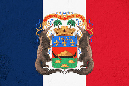Flag and coat of arms of Guiana department of France on a textured background. Concept collage.の写真素材