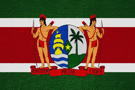 Flag and coat of arms of the Republic of Suriname on a textured background. Concept collage.の写真素材