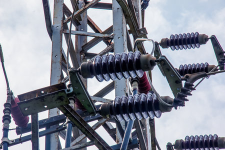 High-voltage power lines at a hydroelectric power station in the city of Nitra in Slovakia. Details.の写真素材