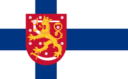 The official current flag and coat of arms of the Republic of Finland. State flag of Finland. Illustration.の写真素材