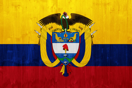 Flag and coat of arms of the Republic of Colombia on a textured background. Concept collage.の写真素材