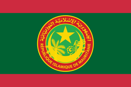 The official current flag and coat of arms of ISLAMIC REPUBLIC OF MAURITANIA. State flag of MAURITANIA. Illustration.の写真素材