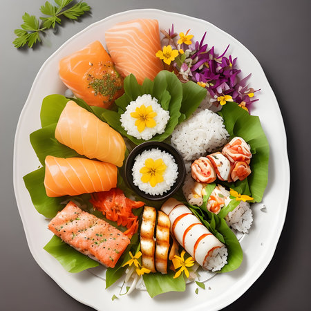 Sushi are low-calorie and contain nutritious fish and seafood, fresh vegetables. Generative AI.の素材
