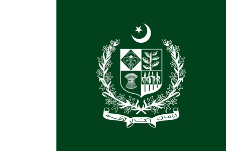 The official current flag and coat of arms of Islamic Republic of Pakistan. State flag of Pakistan. Illustration.の写真素材