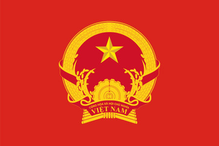 The official current flag and coat of arms of Socialist Republic of Vietnam. State flag of Vietnam. Illustration.の写真素材