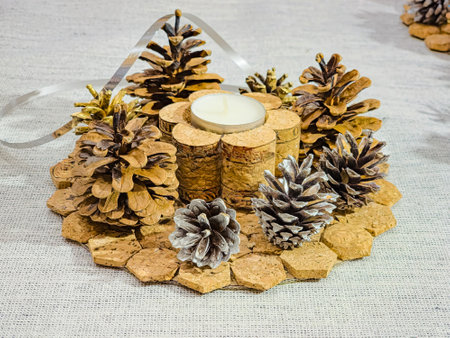 New Year's Candlestick made of wine corks and painted pine cones. Handmade.の写真素材