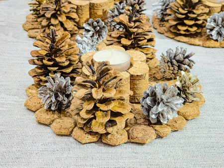 New Year's Candlestick made of wine corks and painted pine cones. Handmade.の写真素材