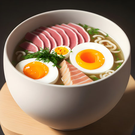 Japanese ramen with pork bone broth and eggs. Generative AI.の素材