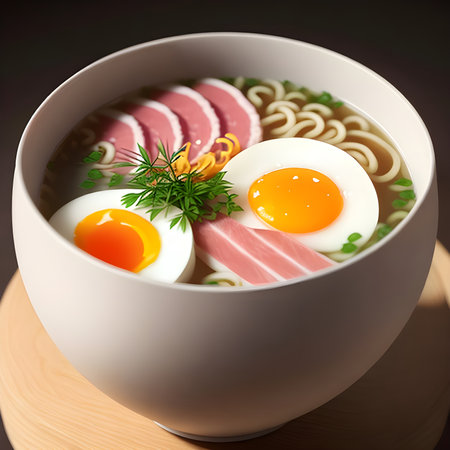 Japanese ramen with pork bone broth and eggs. Generative AI.の素材