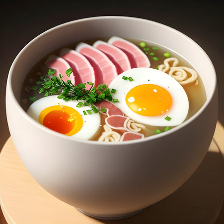 Japanese ramen with pork bone broth and eggs. Generative AI.の素材