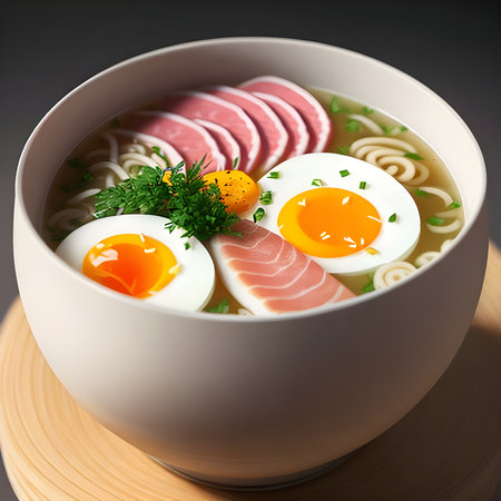 Japanese ramen with pork bone broth and eggs. Generative AI.の素材
