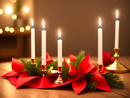 Merry Christmas and Happy New Year. Candlesticks with candles, pine cones and fir branches. Generative AI.の素材