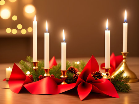 Merry Christmas and Happy New Year. Candlesticks with candles, pine cones and fir branches. Generative AI.の素材
