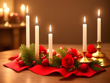 Merry Christmas and Happy New Year. Candlesticks with candles, pine cones and fir branches. Generative AI.の素材
