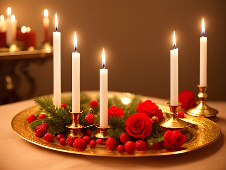 Merry Christmas and Happy New Year. Candlesticks with candles, pine cones and fir branches. Generative AI.の素材
