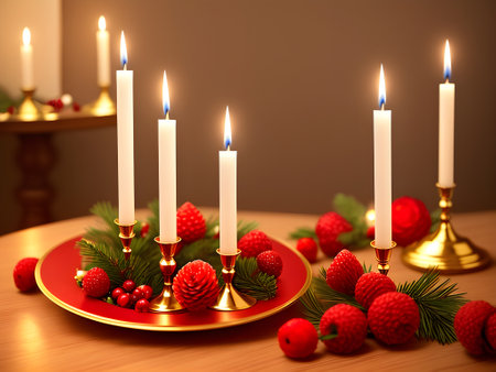 Merry Christmas and Happy New Year. Candlesticks with candles, pine cones and fir branches. Generative AI.の素材