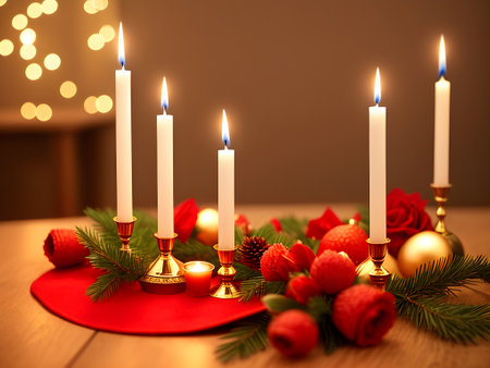 Merry Christmas and Happy New Year. Candlesticks with candles, pine cones and fir branches. Generative AI.の素材