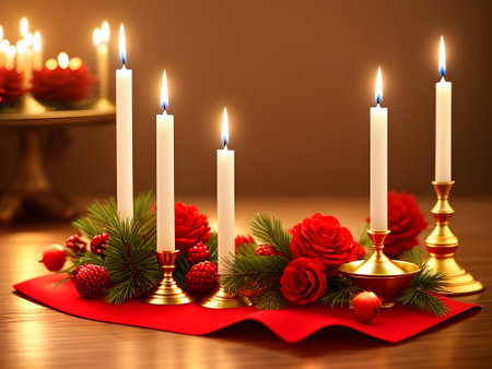 Merry Christmas and Happy New Year. Candlesticks with candles, pine cones and fir branches. Generative AI.の素材