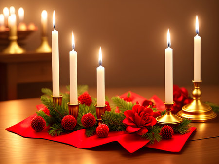 Merry Christmas and Happy New Year. Candlesticks with candles, pine cones and fir branches. Generative AI.の素材