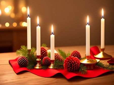 Merry Christmas and Happy New Year. Candlesticks with candles, pine cones and fir branches. Generative AI.の素材