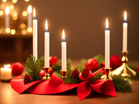 Merry Christmas and Happy New Year. Candlesticks with candles, pine cones and fir branches. Generative AI.の素材