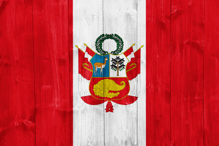 Flag and coat of arms of the Republic of Peru on a textured background. Concept collage.の写真素材