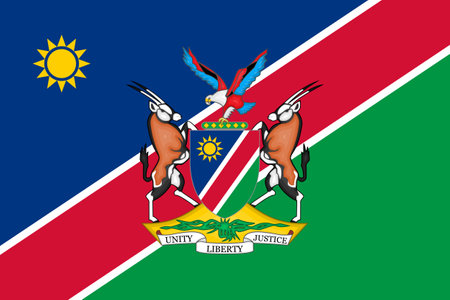 The official current flag and coat of arms of the Republic of Namibia. State flag of Namibia. Illustration.の写真素材