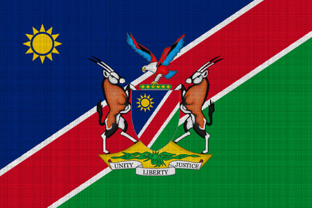 Flag and coat of arms of the Republic of Namibia on a textured background. Concept collage.の写真素材