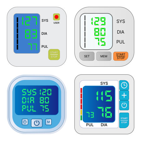 Set of vector illustrations of devices for measuring blood pressure. Medical hypertension, healthcare, pulse measurement, blood pressure monitor sign.のイラスト素材