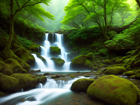 Created using generative AI. Peaceful landscapes. Fairytale elven forest with waterfalls and mountains.の素材