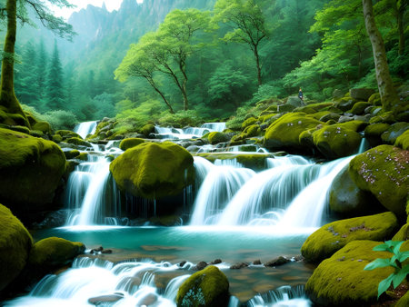 Created using generative AI. Peaceful landscapes. Fairytale elven forest with waterfalls and mountains.の素材