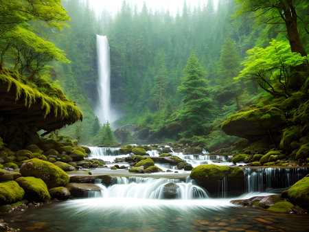 Created using generative AI. Peaceful landscapes. Fairytale elven forest with waterfalls and mountains.の素材