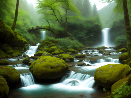 Created using generative AI. Peaceful landscapes. Fairytale elven forest with waterfalls and mountains.の素材