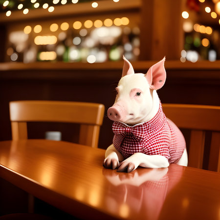 Swine dressed in a festive holiday suit and bow, sitting at a table in a bar. Anthropomorphic animals. Generative AI.の素材